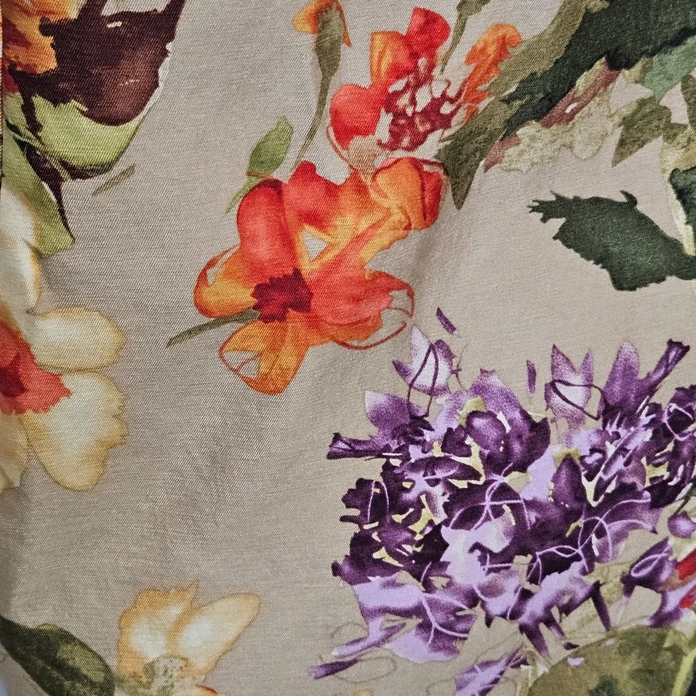 Talbots Petites Silk Wool Floral Midi Skirt Tan Orange Purple Sz. 8P Made in USA